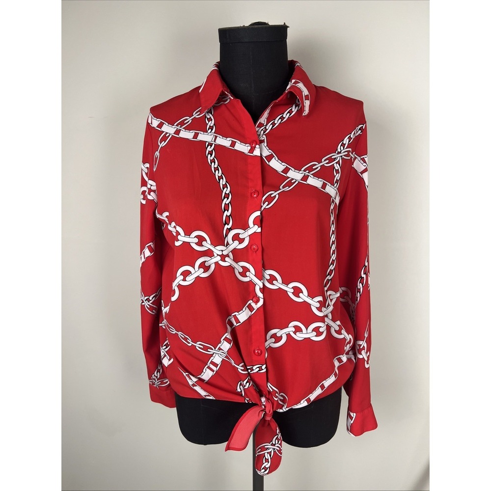 Susan Graver Button Up Long Sleeve Blouse Size 8 Chain Motif Red